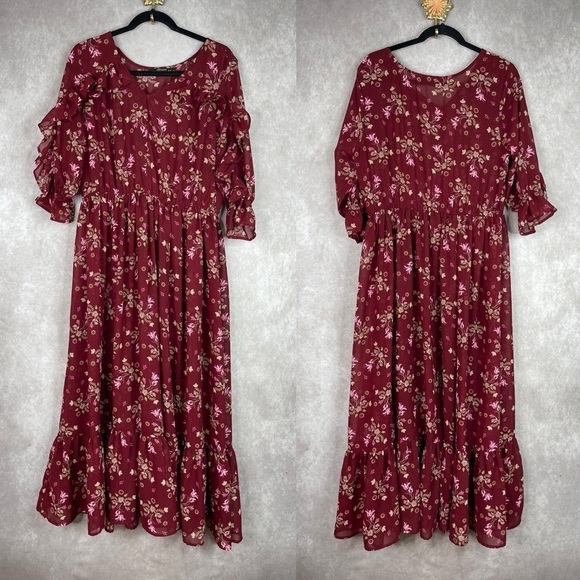 eShakti Floral Print Ruffle Georgette Dress In Maroon Women's Size XL-16 - Picture 2 of 8